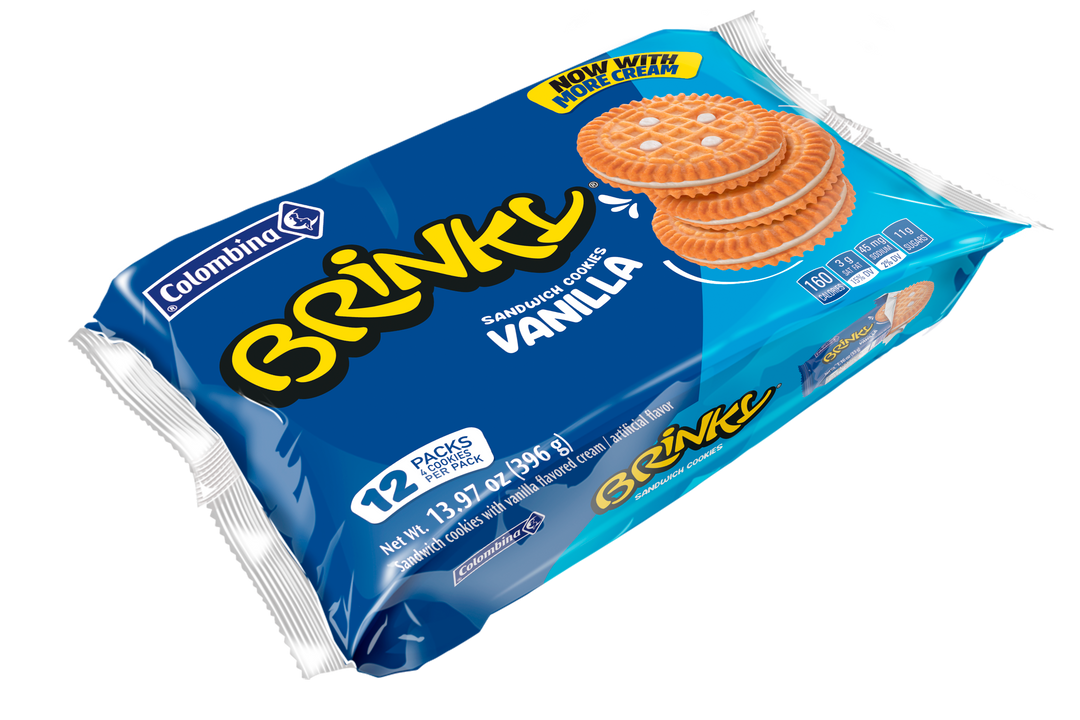 Front package view of Brinky Vanilla sandwich cookies 13.97 oz. Crispy sandwich cookies with a smooth vanilla cream filling. 12 individually wrapped packs. 