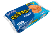 Front package view of Brinky Vanilla sandwich cookies 13.97 oz. Crispy sandwich cookies with a smooth vanilla cream filling. 12 individually wrapped packs. 