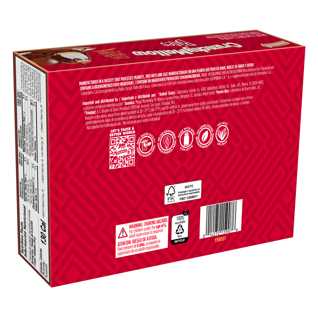 Back package view of Chocomallow Cookie Bites 6 Ct. Crispy cookie base, soft marshmallow center, milk chocolate coating. 6 individually wrapped pieces. A Colombina treat for gifting, sharing, or whenever.