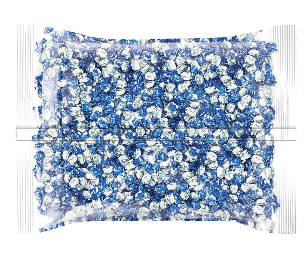 Back package view of Delicate Mint Drops: 2.2 lb bulk bag with 660+ individually wrapped mint hard candies. Great for offices, events, candy bowls, and on-the-go.