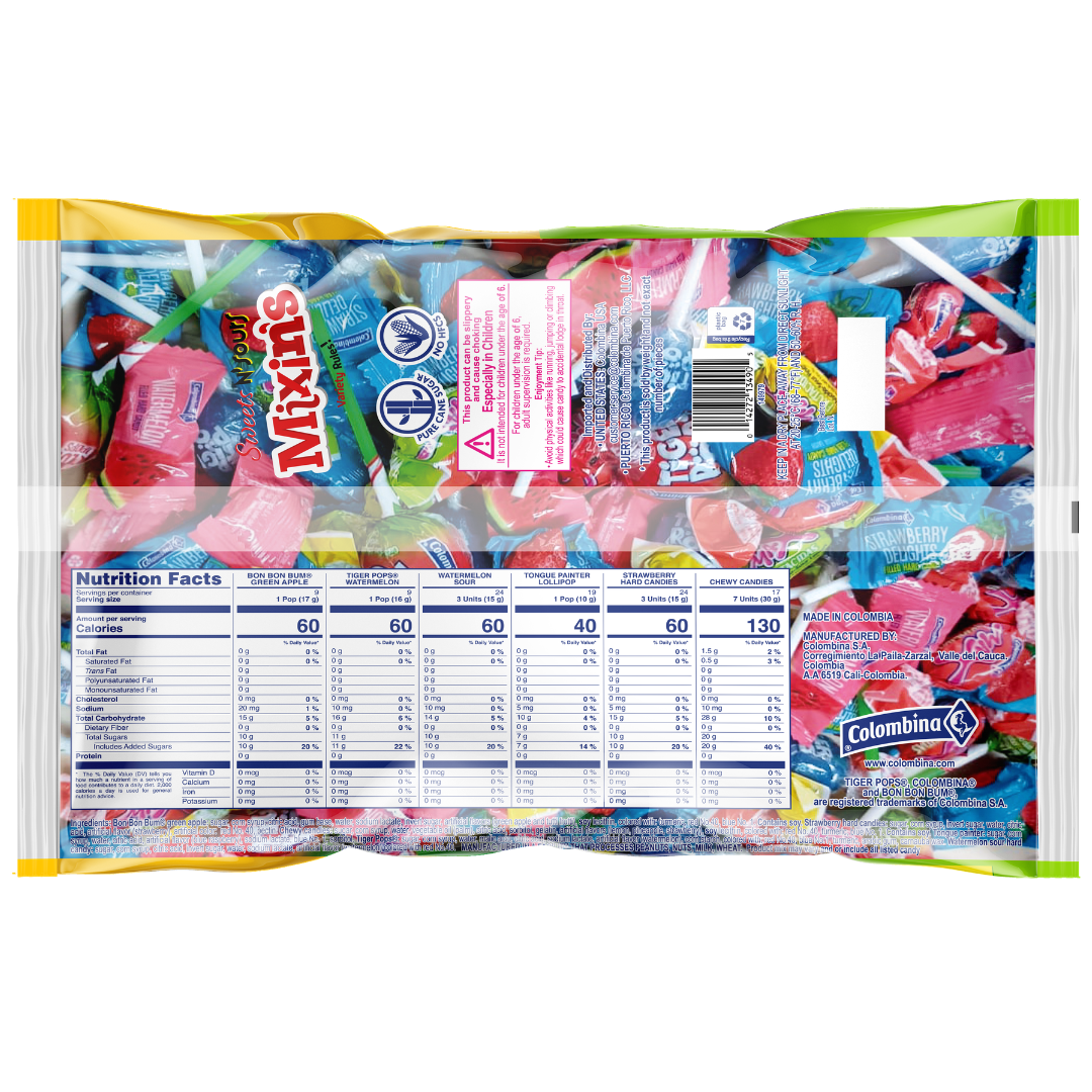 Back view package of Mixin's Sweets 'n' Sour Variety Rules candy,  a 280 count candy variety pack with Bon Bon Bum green apple lollipops, Tiger Pops mouth painters, and fruity chews. 