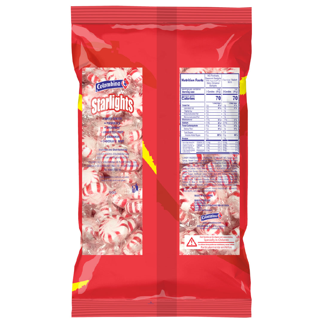 Back view package of Colombina Starlights 5 lb bag of classic mints hard candy. Individually wrapped, great for candy bowls, parties, and everyday refreshment. Shop on Amazon.