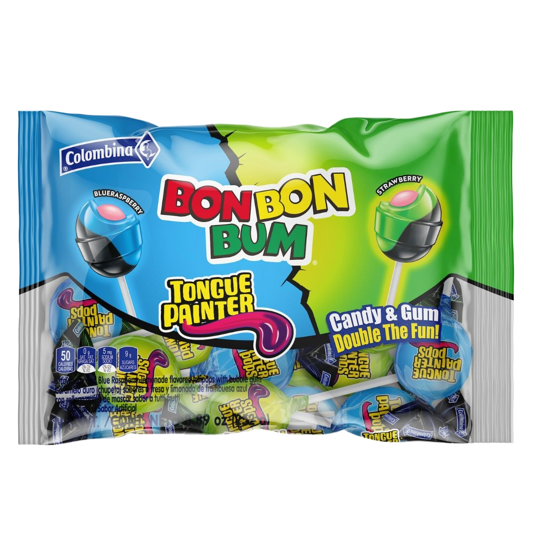 Fornt view package of Colombina Bon Bon Bum Tongue Painter lollipops in Blue Raspberry and Strawberry flavors.