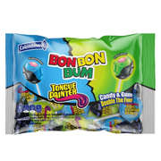 Fornt view package of Colombina Bon Bon Bum Tongue Painter lollipops in Blue Raspberry and Strawberry flavors.