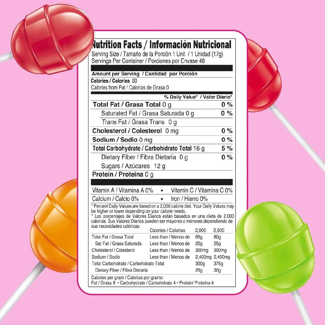 Nutrition facts of Assorted Bon Bon Bum 48 counts bag with watermelon, passion fruit and strawberry flavors.