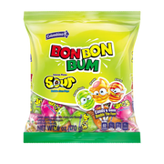 Front package view of Bon Bon Bum Sour lollipops: 6 oz bag of individually wrapped sour bubble gum pops in green apple, orange, and cherry