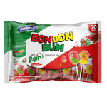 Load image into Gallery viewer, Front package of 20 Bon Bon Bum lollipops in passion fruit and watermelon, each paired with Tajín Chile Lime.
