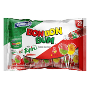 Front package of 20 Bon Bon Bum lollipops in passion fruit and watermelon, each paired with Tajín Chile Lime.