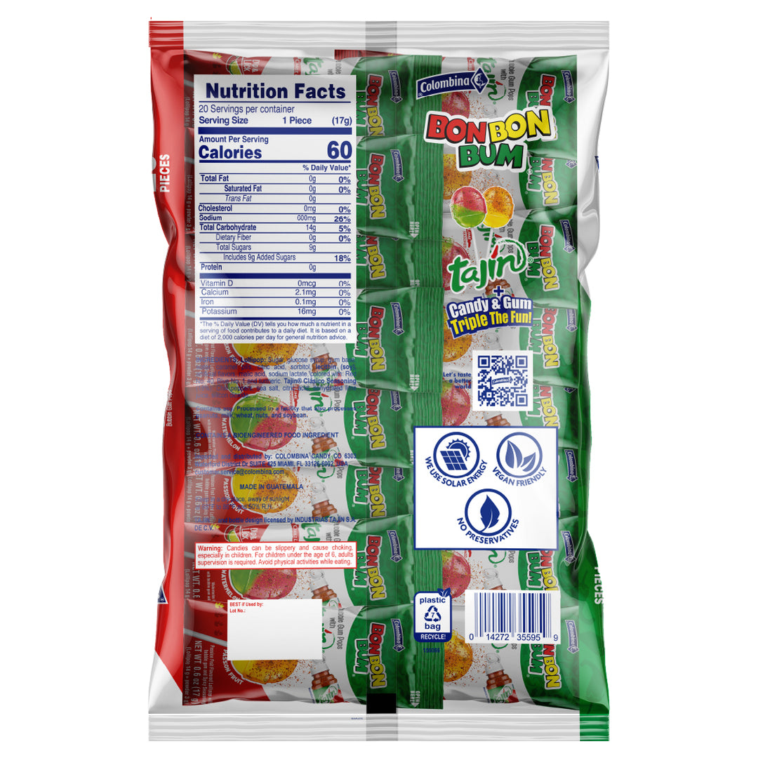 Back package of 20 Bon Bon Bum lollipops in passion fruit and watermelon, each paired with Tajín Chile Lime.