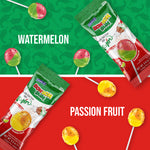 Load image into Gallery viewer, Bon Bon Bum with Tajín: tear, lick, dip in chile lime and enjoy watermelon and passion fruit lollipops.
