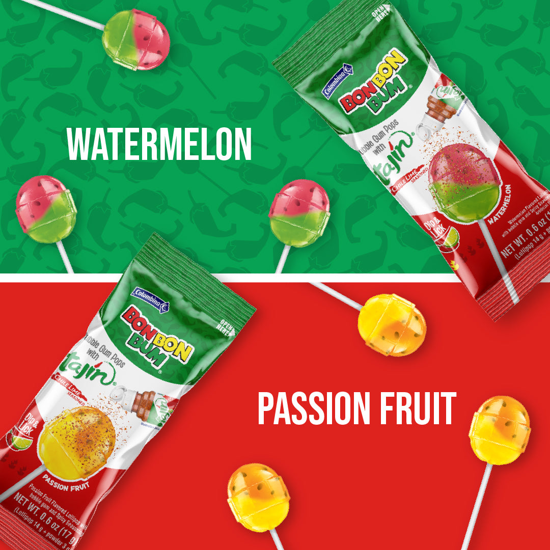 Bon Bon Bum with Tajín: tear, lick, dip in chile lime and enjoy watermelon and passion fruit lollipops.