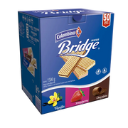 Front package view of Bridge Wafer Assorted:  anilla, strawberry, and chocolate. A crispy snack with three classic fillings.