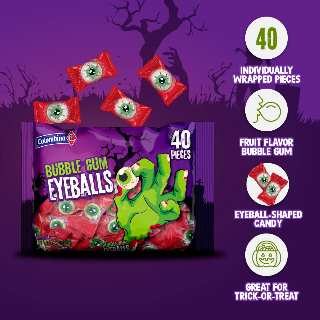 Bubble Gum Eyeballs. 40 individually wrapped pieces. Fuit flavor bubble gum. Great for trick-or-treat.