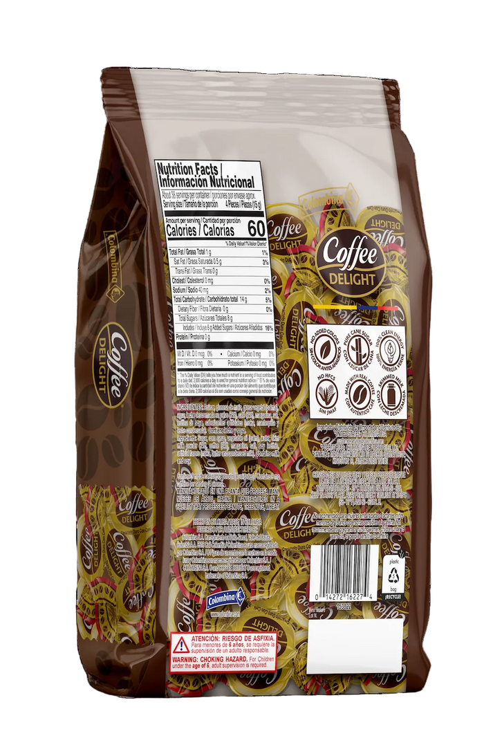 Back package view of Coffee Delight Coffee Hard Candy Coffee hard candy made in Colombia with real coffee since 1976. 