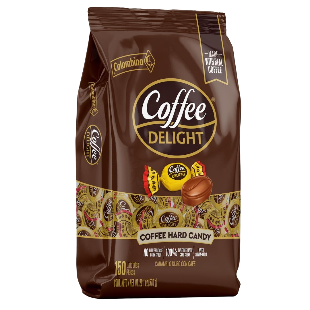 Front package viewof Coffee Delight Coffee Hard Candy Coffee hard candy made in Colombia with real coffee since 1976. 