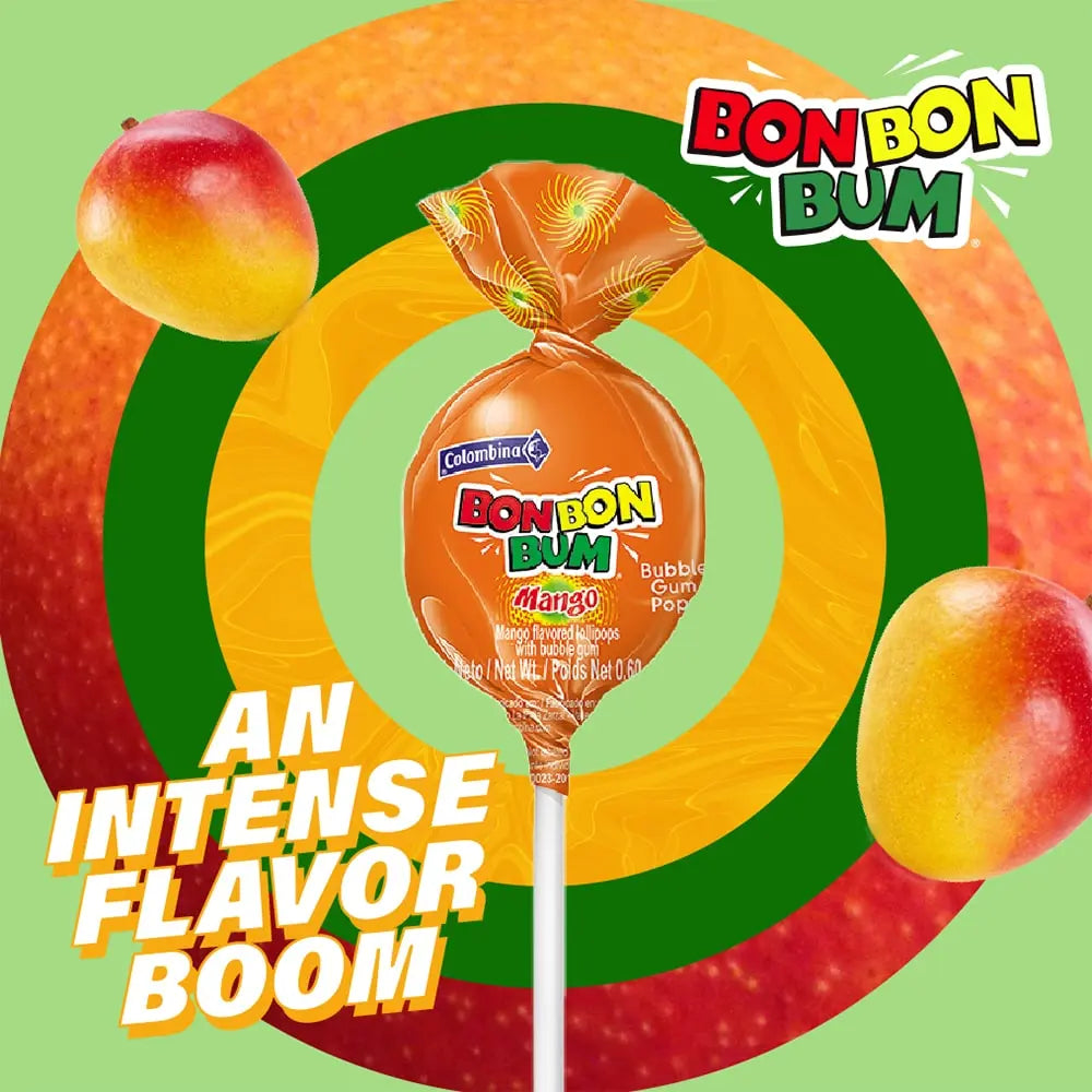 Bon Bon Bum Mango lollipops: tropical hard candy outer shell with chewy bubblegum center. 