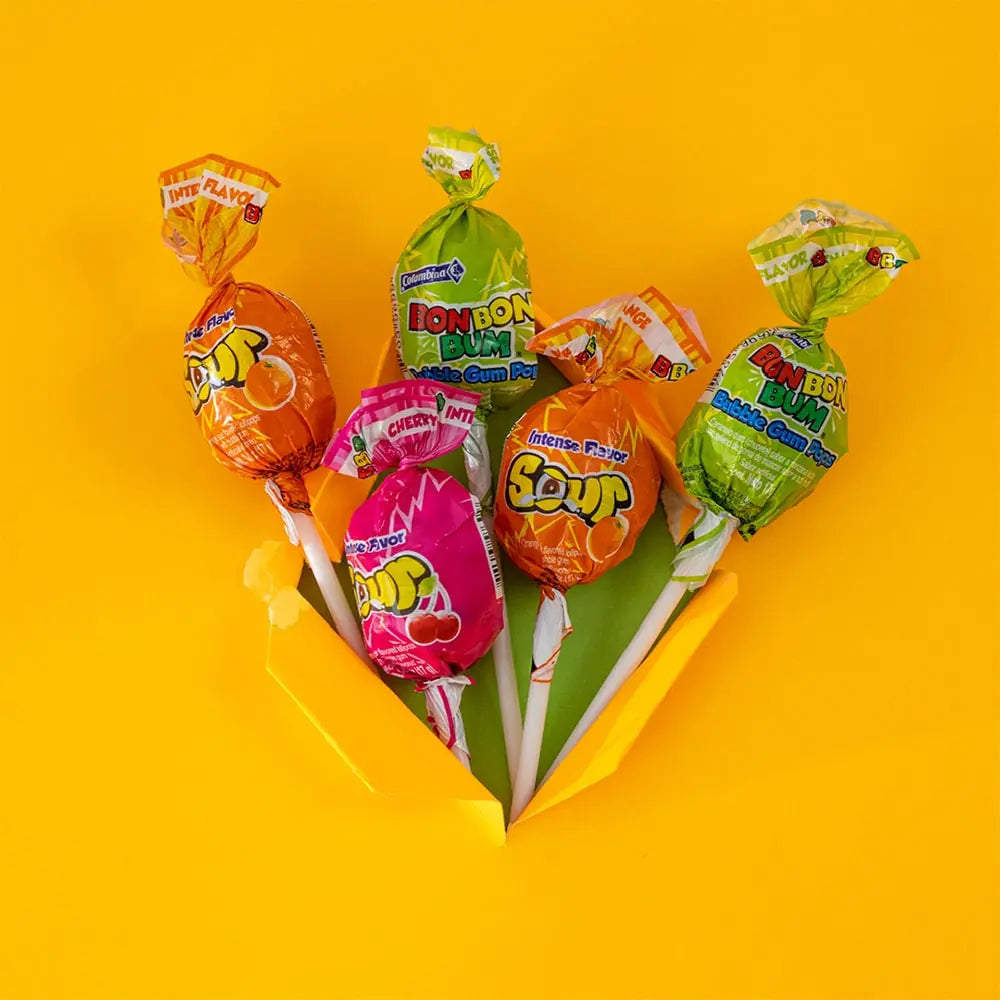 Bon Bon Bum Sour lollipops product view, sour candy with bubble gum center