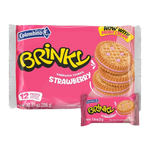 Load image into Gallery viewer, Front package view of Brinky strawberry sandwich cookies. 12 packs. 13.97 oz.

