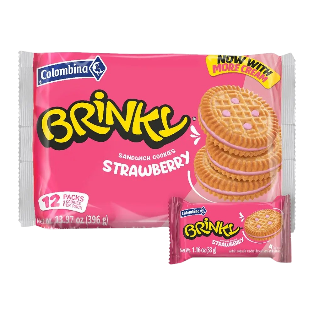 Front package view of Brinky strawberry sandwich cookies. 12 packs. 13.97 oz.