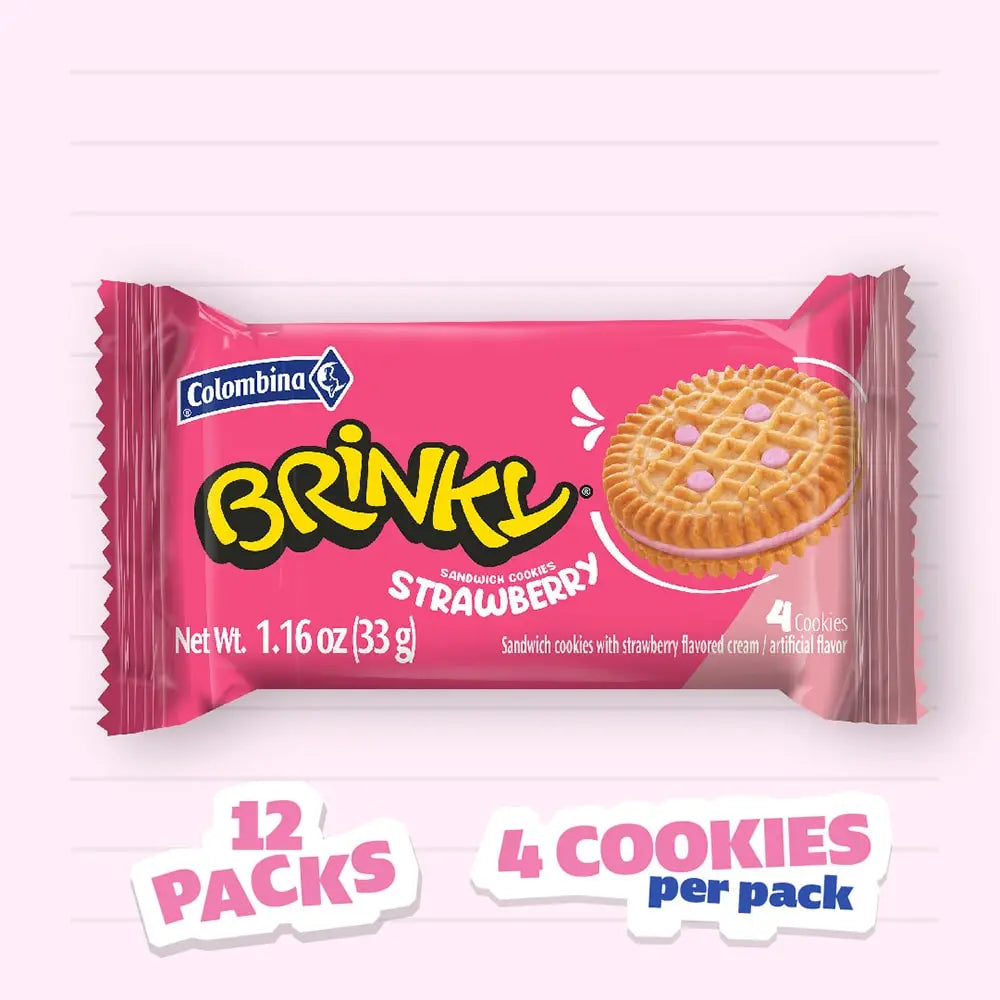Front package view of Brinky strawberry sandwich cookies. 12 packs. 13.97 oz. 4 cookies per pack.