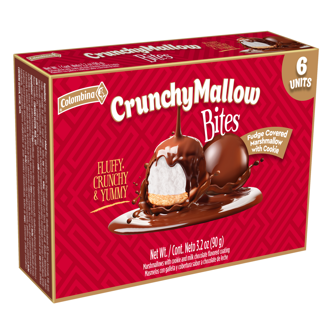 Front package view of Chocomallow Cookie Bites 6 Ct. Crispy cookie base, soft marshmallow center, milk chocolate coating. 6 individually wrapped pieces. A Colombina treat for gifting, sharing, or whenever.