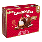Front package view of Chocomallow Cookie Bites 6 Ct. Crispy cookie base, soft marshmallow center, milk chocolate coating. 6 individually wrapped pieces. A Colombina treat for gifting, sharing, or whenever.