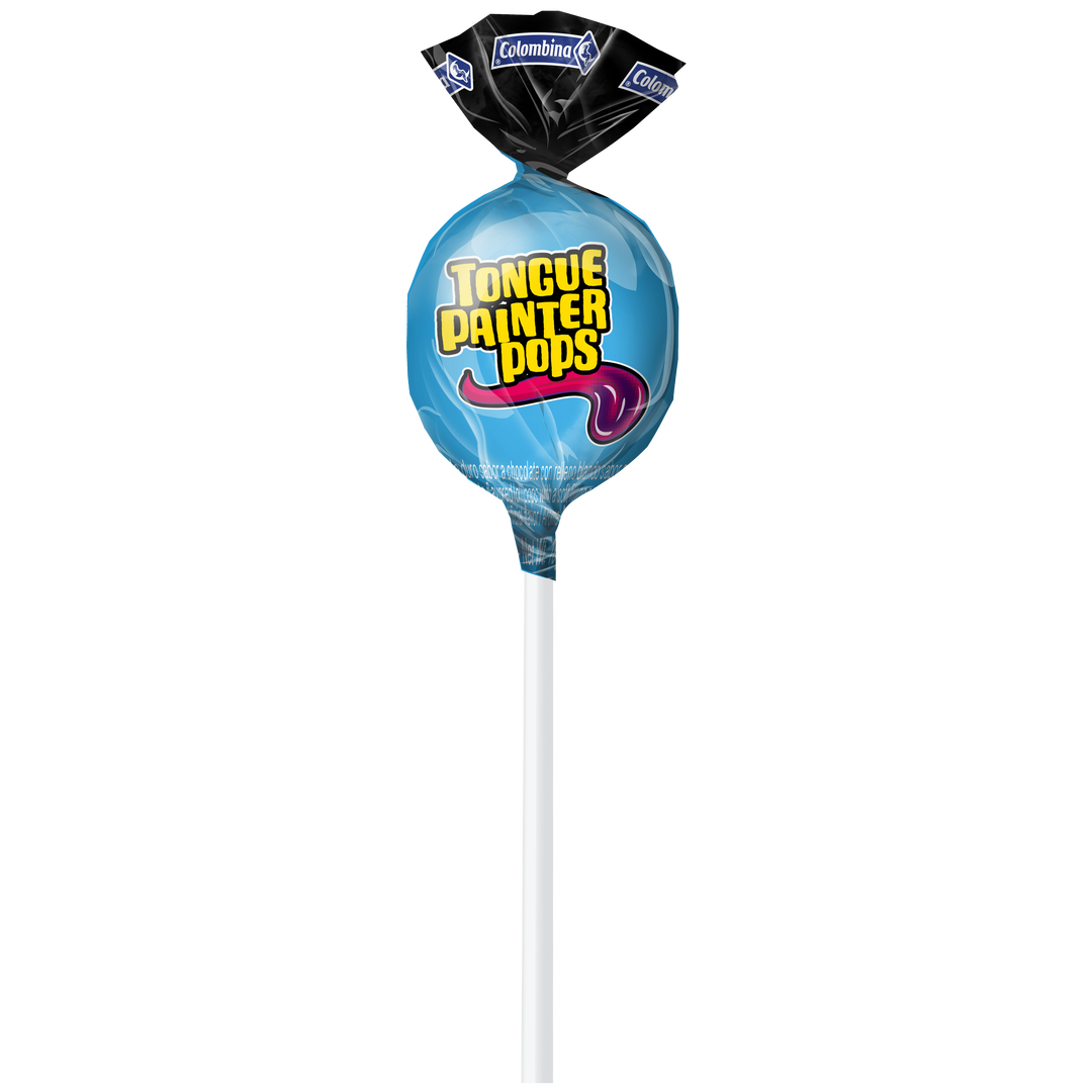 Bon Bon Bum Tongue Painter Lollipops feature Strawberry and Blue Raspberry Lemonade flavors, a tongue-coloring effect, and a chewy bubble gum center.