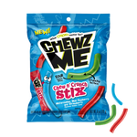 Load image into Gallery viewer, Front package view of ChewzMe chewin crunch sticks covered in crunchy red candy bits. Strawberry, blue raspberry, and watermelon flavors. Individually wrapped, 6 oz. 
