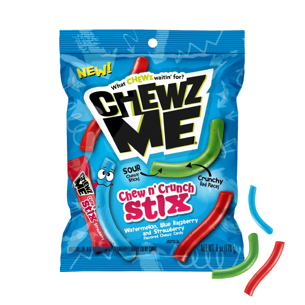 Front package view of ChewzMe chewin crunch sticks covered in crunchy red candy bits. Strawberry, blue raspberry, and watermelon flavors. Individually wrapped, 6 oz. 