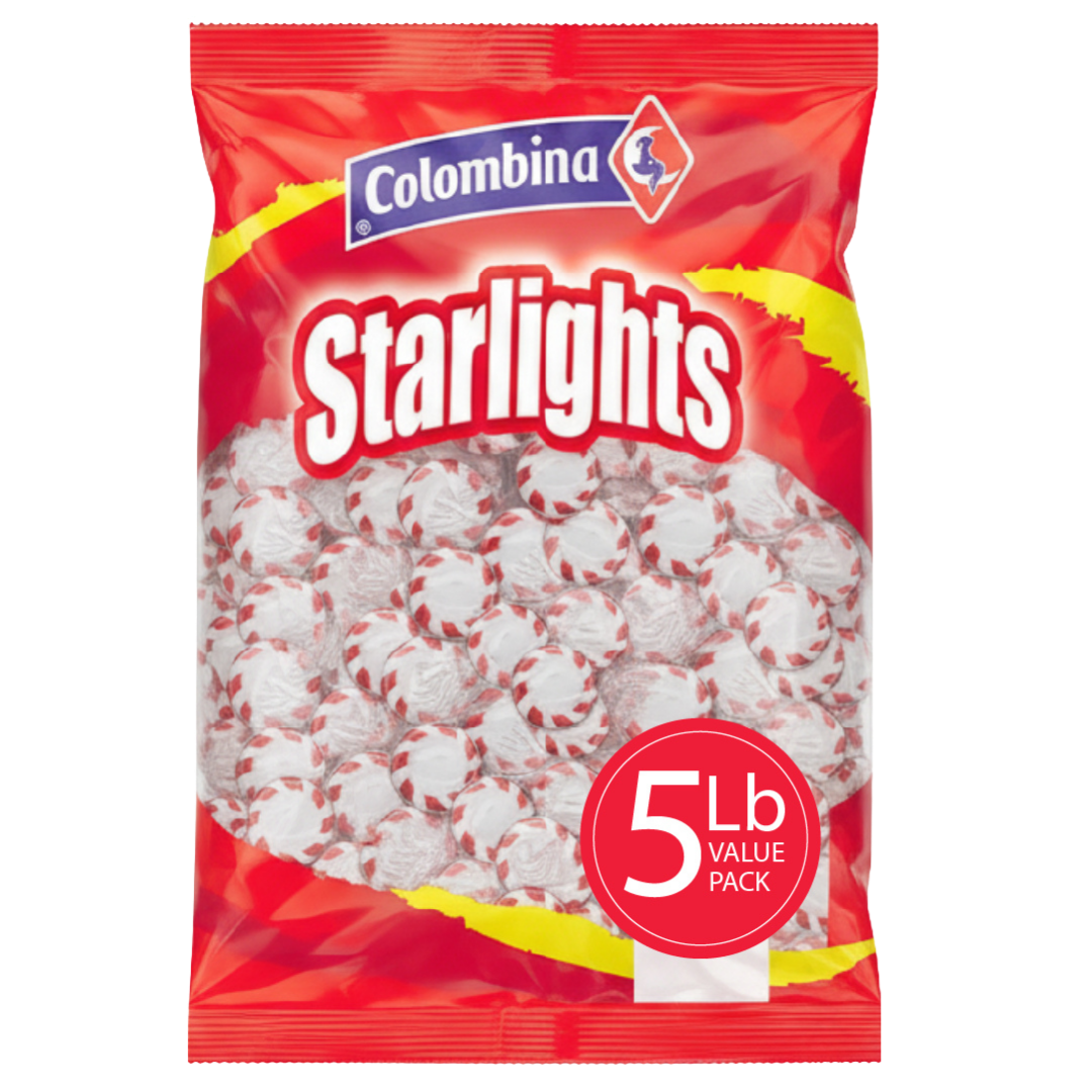 Front view package of Colombina Starlights 5 lb bag of classic mints hard candy. Individually wrapped, great for candy bowls, parties, and everyday refreshment. Shop on Amazon.