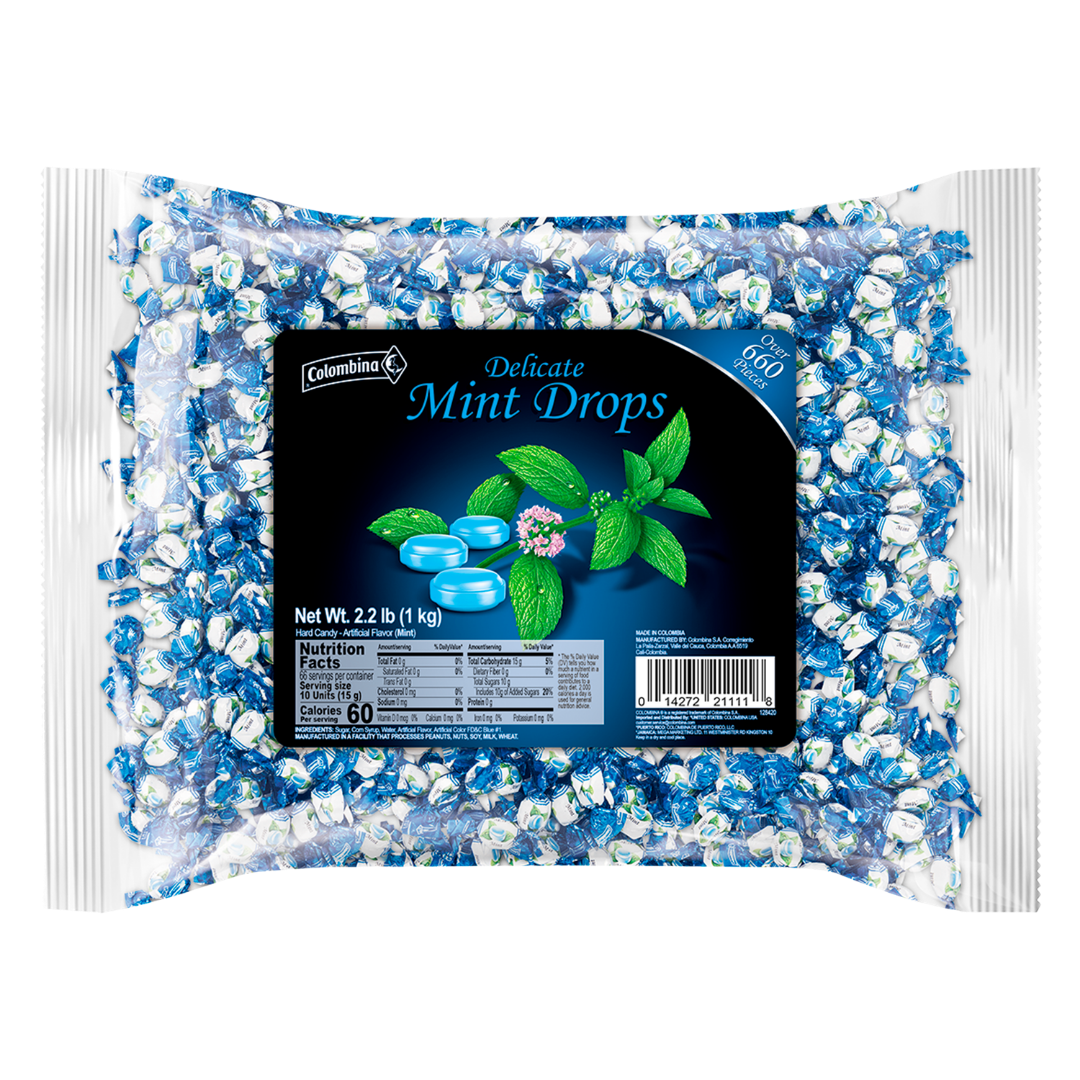 Front package view of Delicate Mint Drops: 2.2 lb bulk bag with 660+ individually wrapped mint hard candies. Great for offices, events, candy bowls, and on-the-go.