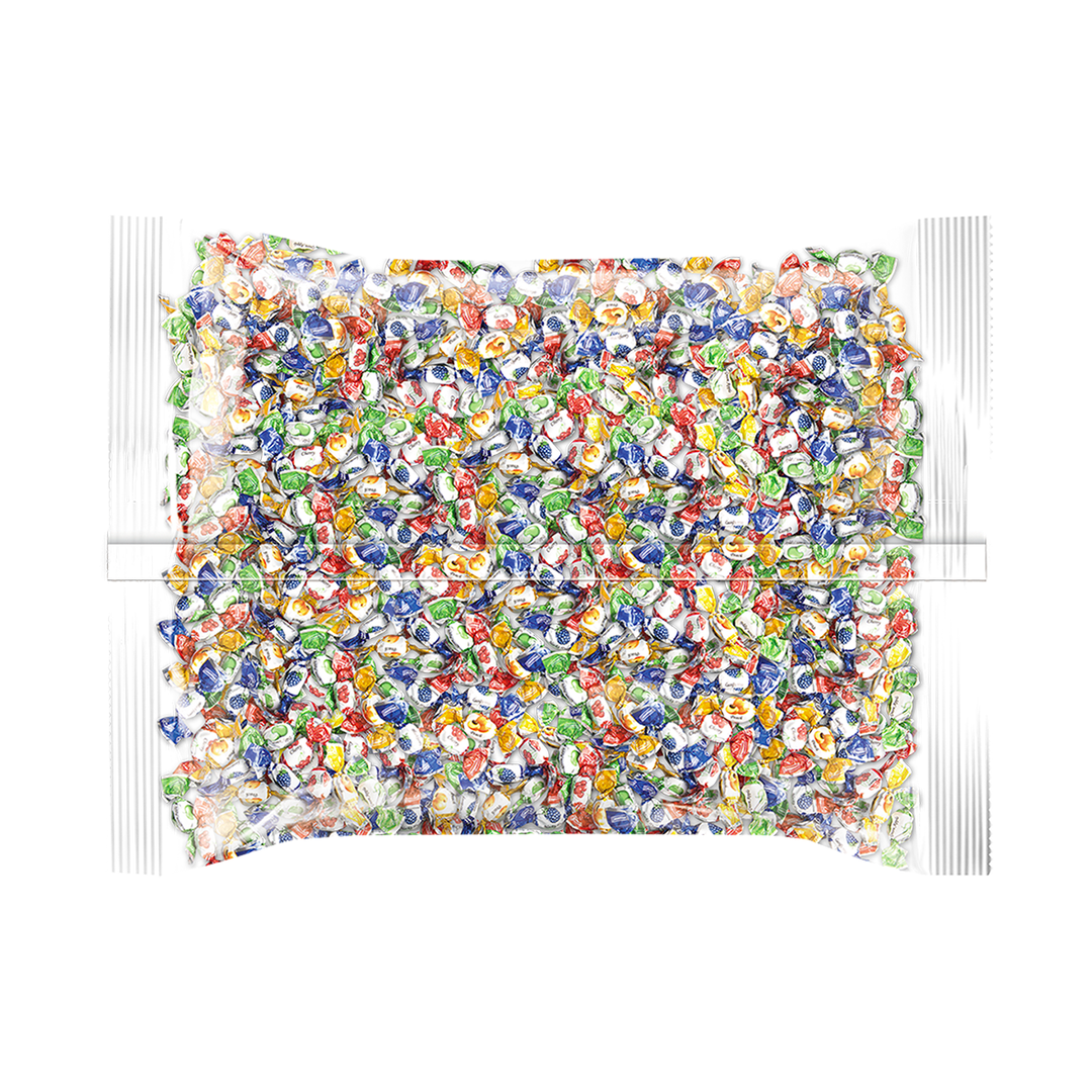 Back package view of Delicate Fruit Drops Assorted Hard Candy 2.2 lb. Individually wrapped. 