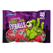 Front view package of Bubble Gum Eyeballs Tutti Futti Flavor, 40 pieces, Individually wrapped.