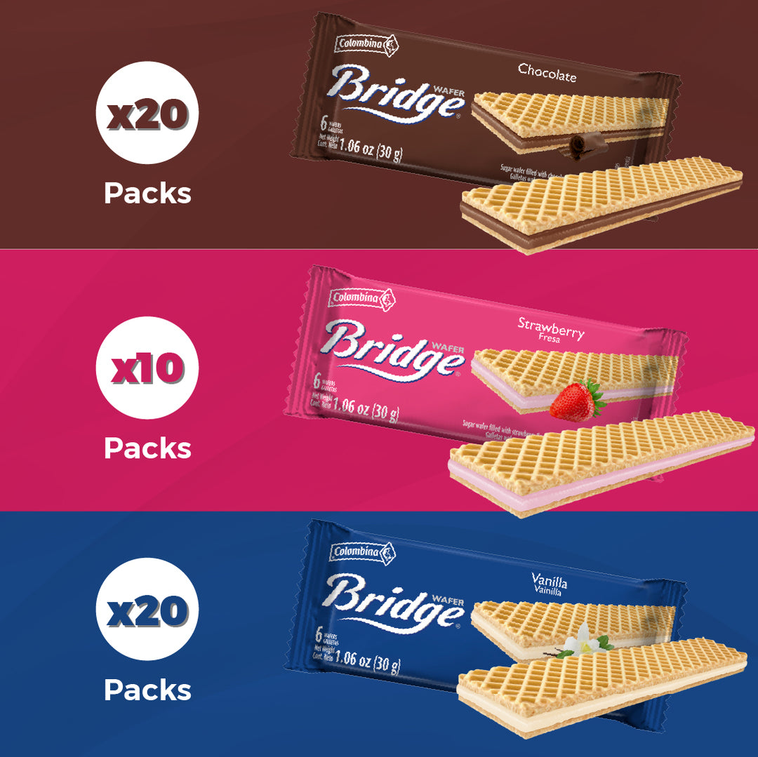 Crispy wafer cookies with smooth, creamy filling in three classic flavors: vanilla, strawberry, and chocolate. Includes 50 individually wrapped packs, 52.91 oz.