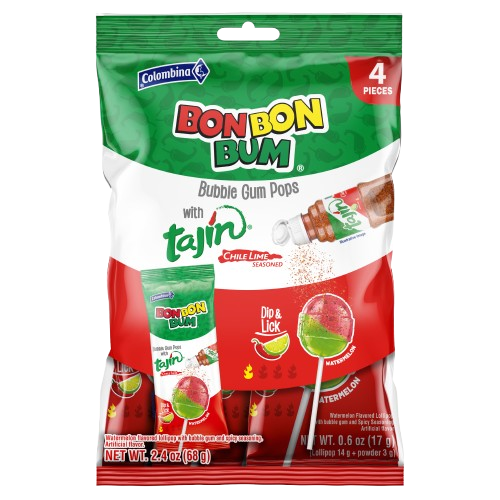 Bon Bon Bum x Tajín Limited Edition Bubble Gum Lollipops 4-PackPassion Fruit & Watermelon Flavors with Chile-Lime Powder
