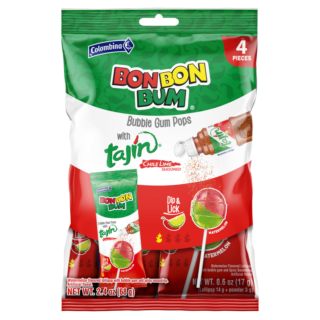 Bon Bon Bum x Tajín Limited Edition Bubble Gum Lollipops 4-Pack |  Passion Fruit & Watermelon Flavors with Chile-Lime Powder
