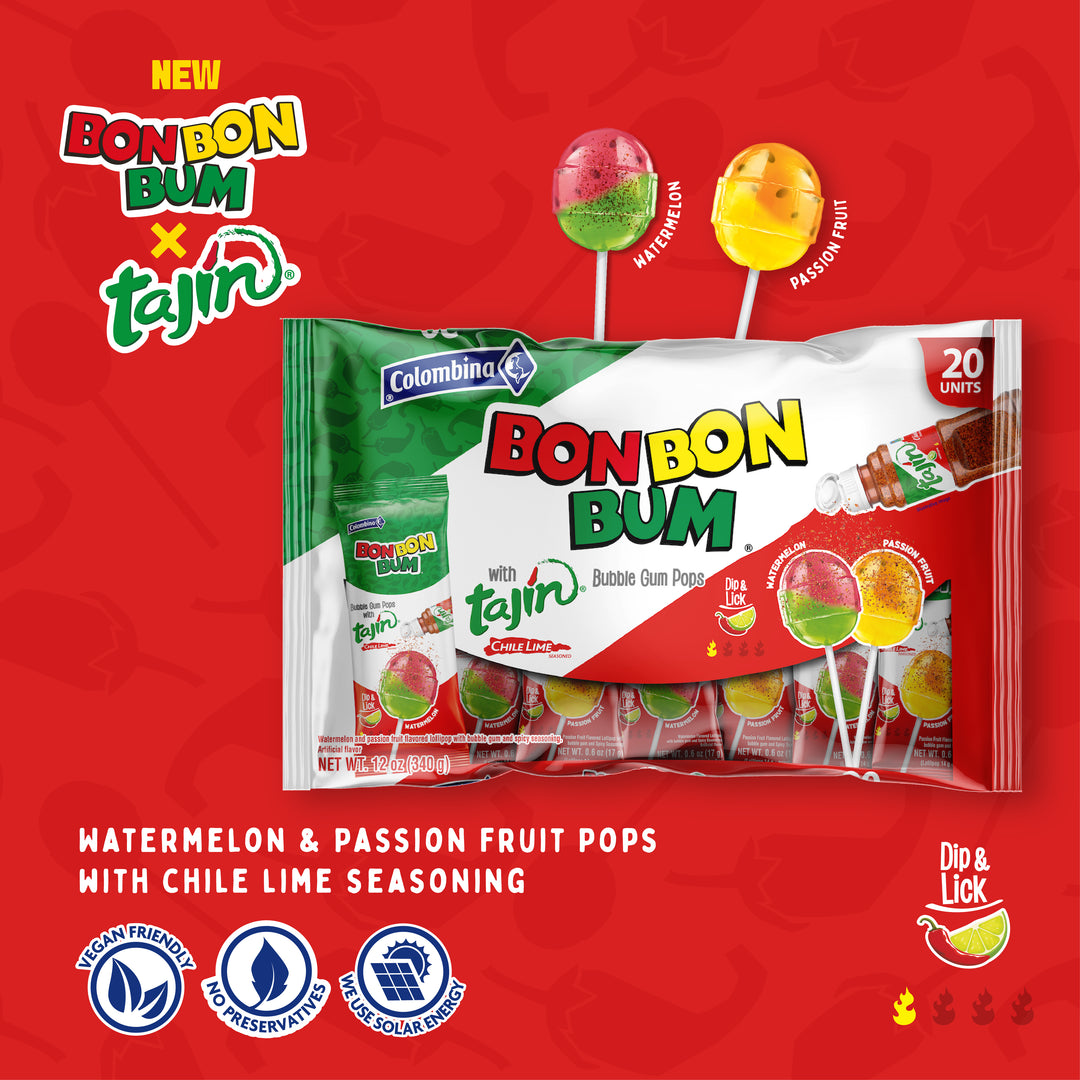 Bon Bon Bum x Tajín Limited Edition Bubble Gum Lollipops - 20 ct bag| Passion Fruit & Watermelon Flavors with Chile-Lime Powder