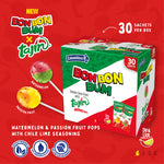 Load image into Gallery viewer, Bon Bon Bum x Tajín Limited Edition Bubble Gum Lollipops - 30 Pack Bulk Box | Passion Fruit &amp; Watermelon Flavors with Chile-Lime Powder
