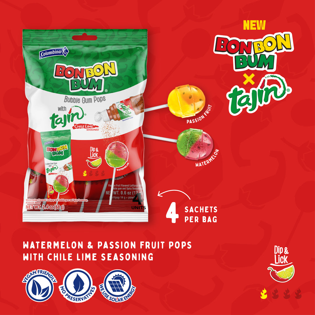 Bon Bon Bum x Tajín Limited Edition Bubble Gum Lollipops 4-Pack |  Passion Fruit & Watermelon Flavors with Chile-Lime Powder
