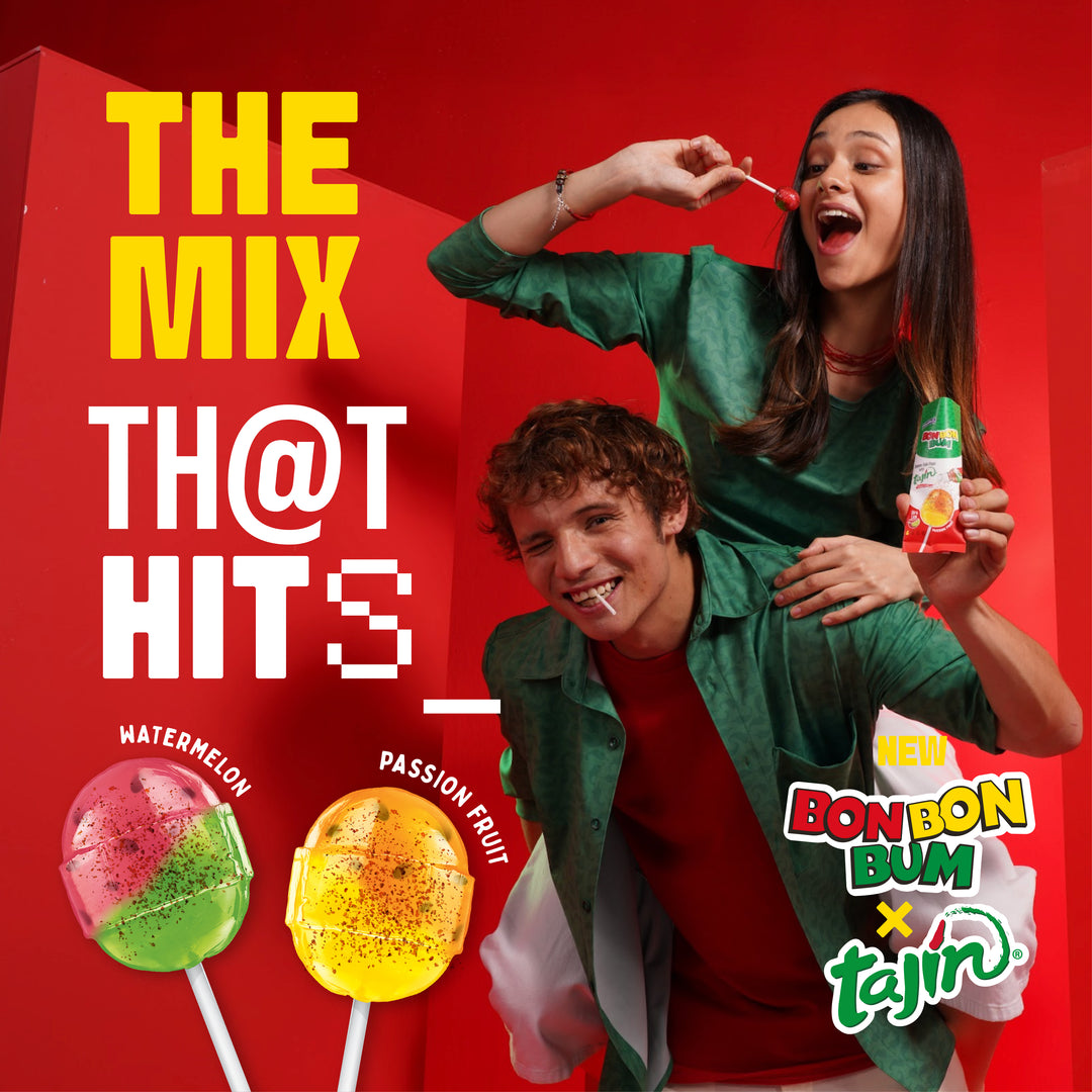 Bon Bon Bum x Tajín Limited Edition Bubble Gum Lollipops - 30 Pack Bulk Box | Passion Fruit & Watermelon Flavors with Chile-Lime Powder