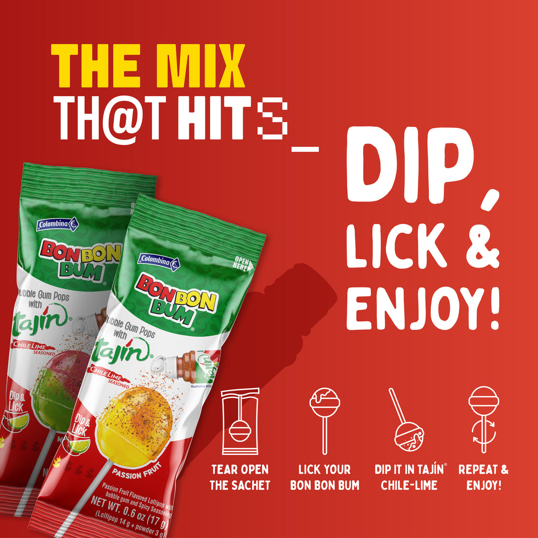 Bon Bon Bum x Tajín Limited Edition Bubble Gum Lollipops - 30 Pack Bulk Box | Passion Fruit & Watermelon Flavors with Chile-Lime Powder