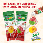 Load image into Gallery viewer, Bon Bon Bum x Tajín Limited Edition Bubble Gum Lollipops - 30 Pack Bulk Box | Passion Fruit &amp; Watermelon Flavors with Chile-Lime Powder
