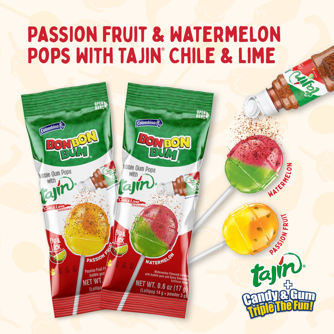 Bon Bon Bum x Tajín Limited Edition Bubble Gum Lollipops - 30 Pack Bulk Box | Passion Fruit & Watermelon Flavors with Chile-Lime Powder