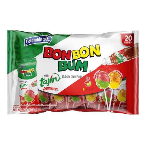 Bon Bon Bum x Tajín Limited Edition Bubble Gum Lollipops - 20 ct bag| Passion Fruit & Watermelon Flavors with Chile-Lime Powder