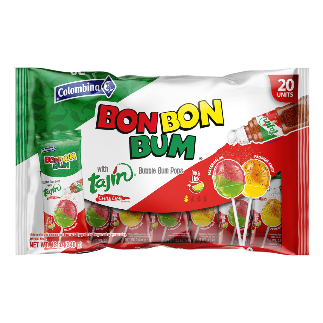 Bon Bon Bum x Tajín Limited Edition Bubble Gum Lollipops - 20 ct bag| Passion Fruit & Watermelon Flavors with Chile-Lime Powder
