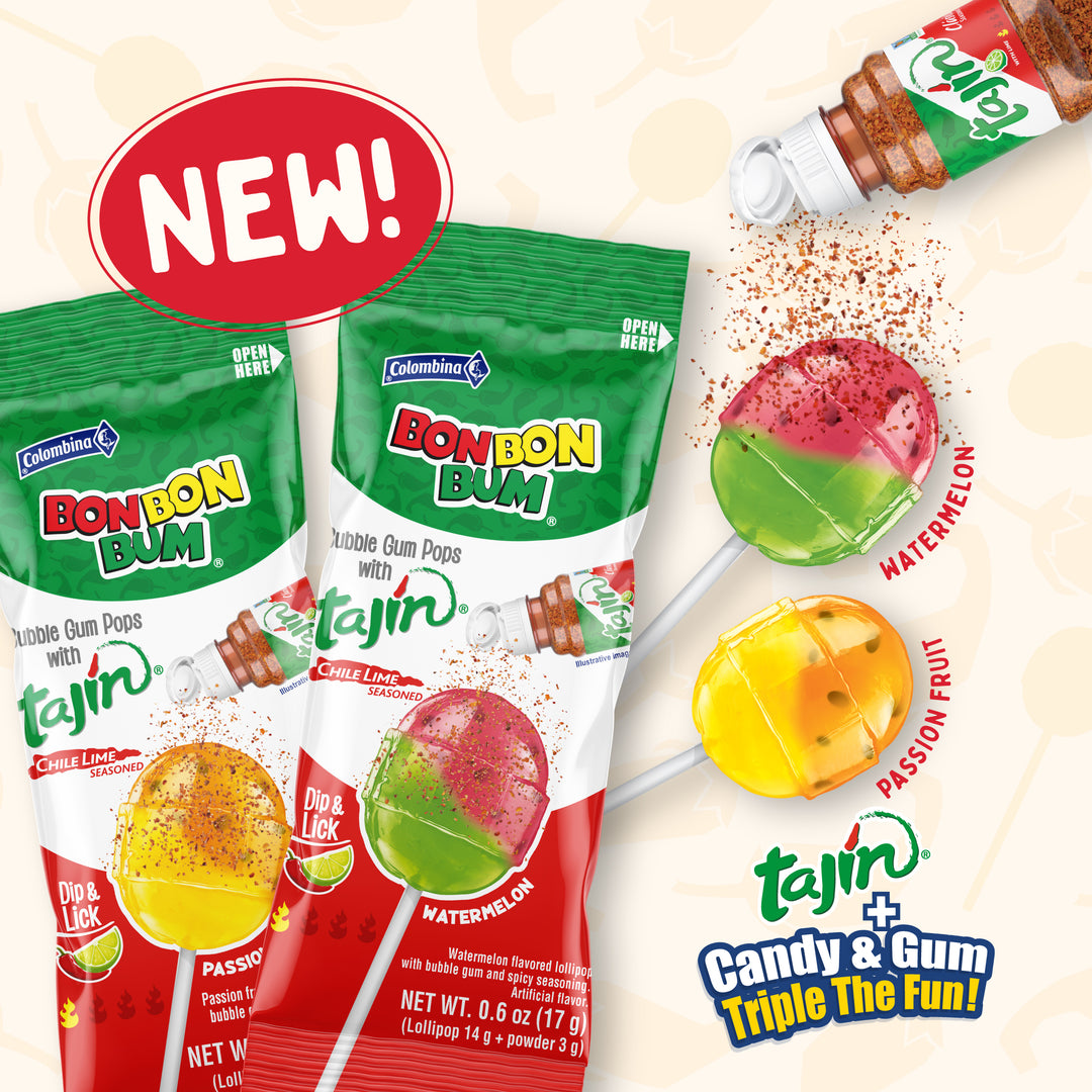 Bon Bon Bum x Tajín Limited Edition Bubble Gum Lollipops - 20 ct bag| Passion Fruit & Watermelon Flavors with Chile-Lime Powder