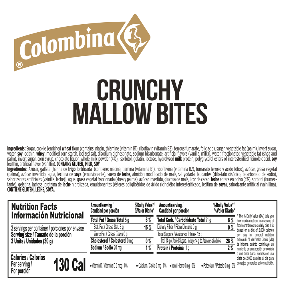 Nutrition facts label and ingredients of Colombina Crunchy Mallow Bites.