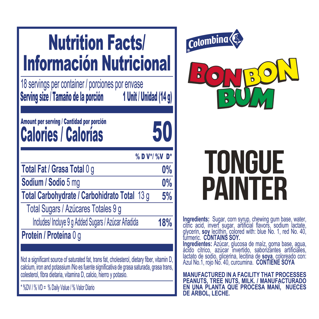 Nutrition Facts and ingredients of Colombina Bon Bon Bum Tongue Painter. For additional questions, contact our team. 