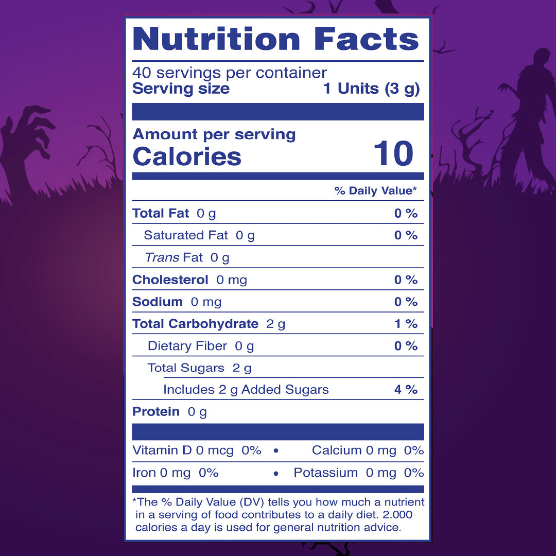 Nutrition facts label of f Bubble Gum Eyeballs, tutti frutti flavor. 40 pieces individually wrapped.