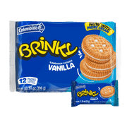 Front package view of Brinky Vanilla sandwich cookies 13.97 oz. Crispy sandwich cookies with a smooth vanilla cream filling. 12 individually wrapped packs. Colombian-made by Colombina. The reliable, classic flavor for any occasion.